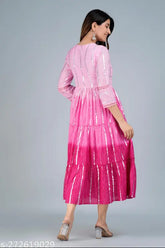 Pink cotton lurex ombre dyed flared tiered dress, hand-worked yoke detail on round neck, 3/4 sleeves